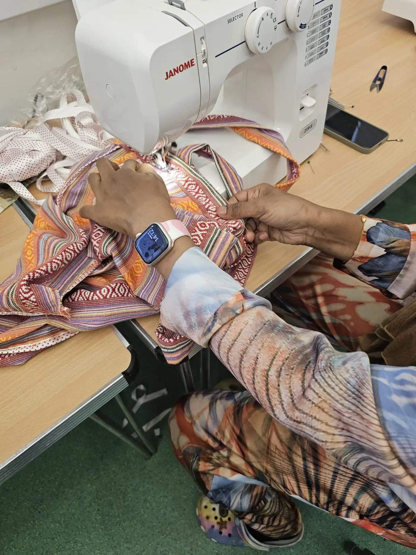 Close-up of a sewing project in progress